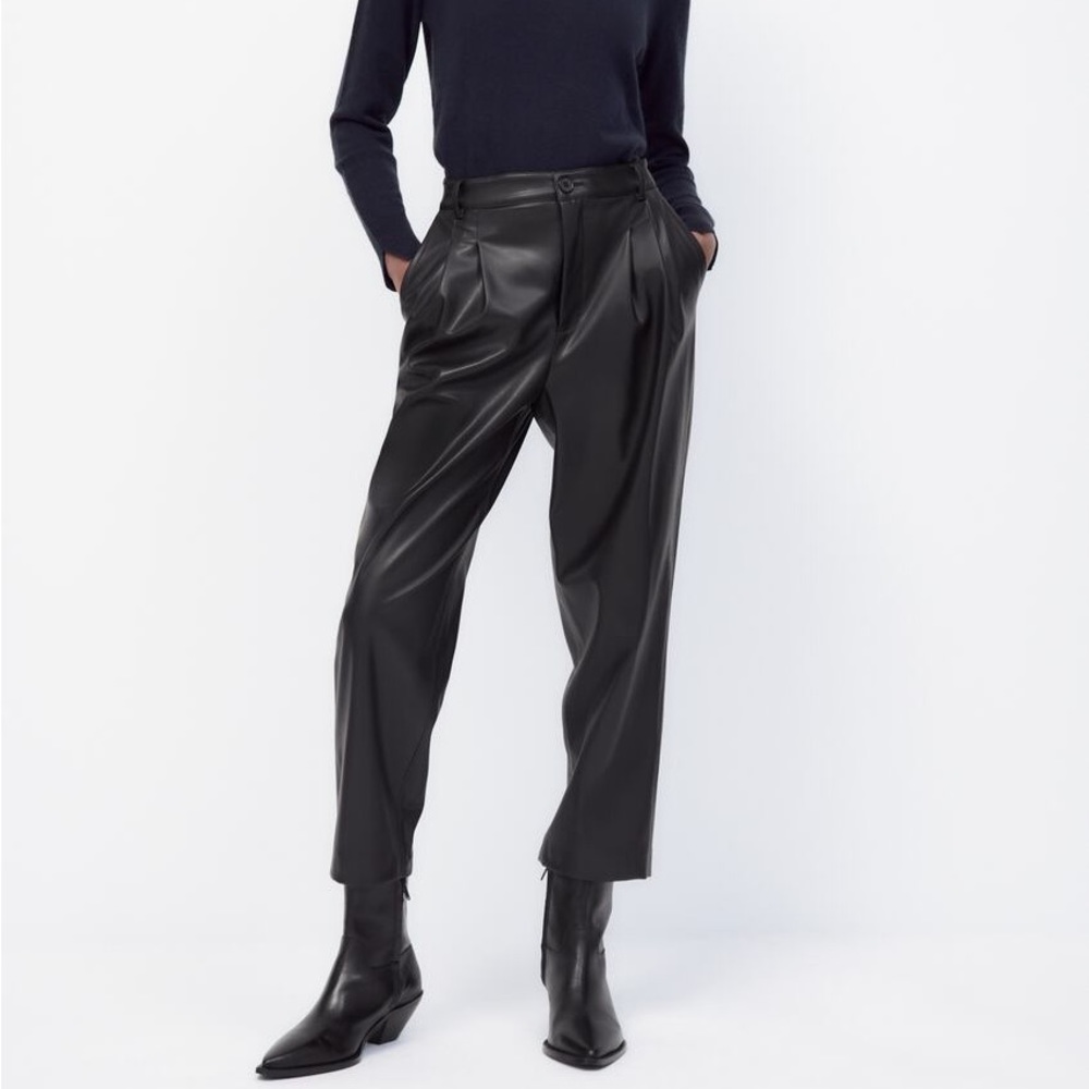 NWT ZARA Black Faux Leather Pleated Front Trousers S